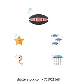 Flat Icon Sea Set Of Tuna, Hippocampus, Sea Star And Other Vector Objects. Also Includes Jellyfish, Seashell, Medusa Elements.