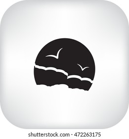 Flat icon. Sea and sky. Birds fly in the sky. Sunny resort.