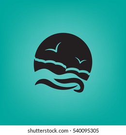 Flat icon. Sea and sky. Birds fly in the sky. Sunny resort.