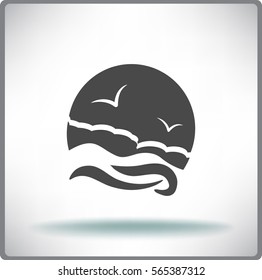 Flat icon. Sea and sky. Birds fly in the sky. Sunny resort.