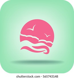 Flat icon. Sea and sky. Birds fly in the sky. Sunny resort.
