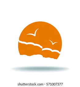 Flat icon. Sea and sky. Birds fly in the sky. Sunny resort.
