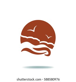 Flat icon. Sea and sky. Birds fly in the sky. Sunny resort.