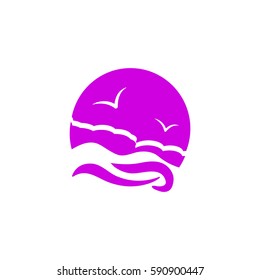 Flat icon. Sea and sky. Birds fly in the sky. Sunny resort.