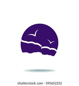 Flat icon. Sea and sky. Birds fly in the sky. Sunny resort.