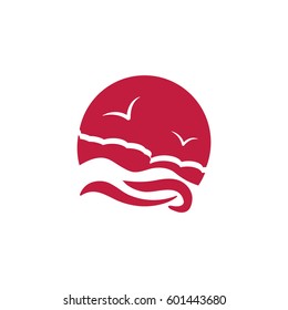 Flat icon. Sea and sky. Birds fly in the sky. Sunny resort.