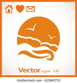 Flat icon. Sea and sky. Birds fly in the sky. Sunny resort.