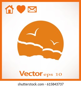 Flat icon. Sea and sky. Birds fly in the sky. Sunny resort.