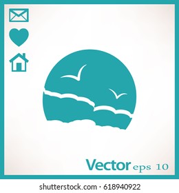 Flat icon. Sea and sky. Birds fly in the sky. Sunny resort.