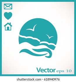 Flat icon. Sea and sky. Birds fly in the sky. Sunny resort.