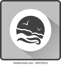 Flat icon. Sea and sky. Birds fly in the sky. Sunny resort.