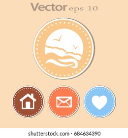 Flat icon. Sea and sky. Birds fly in the sky. Sunny resort.