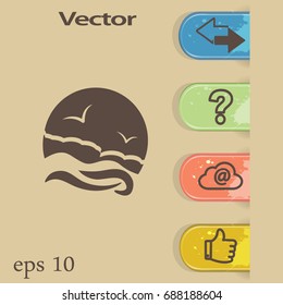 Flat icon. Sea and sky. Birds fly in the sky. Sunny resort.