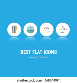 Flat Icon Season Set Of Aircraft, Wiper, Ocean And Other Vector Objects. Also Includes Recliner, Beach, Cloth Elements.