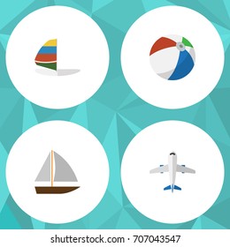 Flat Icon Season Set Of Aircraft, Yacht, Sphere And Other Vector Objects. Also Includes Ball, Round, Craft Elements.