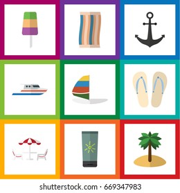 Flat Icon Season Set Of Beach Sandals , Coconut, Ship Hook Vector Objects. Also Includes Table, Towel, Palm Elements.