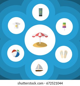Flat Icon Season Set Of Beach Sandals , Sundae, Parasol Vector Objects. Also Includes Round, Ball, Cream Elements.