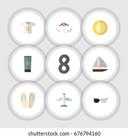 Flat Icon Season Set Of Beach Sandals , Sunshine, Recliner Vector Objects. Also Includes Recliner, Sunrise, Moisturizer Elements.