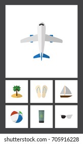 Flat Icon Season Set Of Beach Sandals , Yacht , Aircraft Vector Objects. Also Includes Palm, Ball, Craft Elements.
