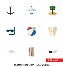 Flat Icon Season Set Of Boat, Wiper, Beach Sandals Vector Objects. Also Includes Anchor, Aqualung, Aircraft Elements.