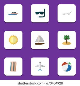 Flat Icon Season Set Of Boat, Deck Chair, Yacht And Other Vector Objects. Also Includes Aircraft, Sunshine, Sun Elements.