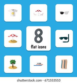 Flat Icon Season Set Of Clothes, Wiper, Boat And Other Vector Objects. Also Includes Clothes, Sunglasses, Island Elements.