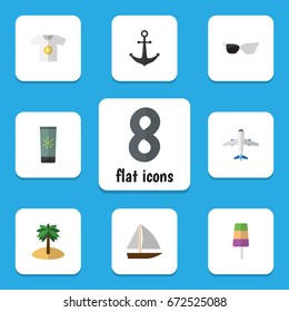 Flat Icon Season Set Of Clothes, Coconut, Ship Hook And Other Vector Objects. Also Includes Moisturizer, Vessel, Plane Elements.