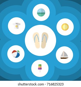 Flat Icon Season Set Of Clothes, Sphere, Beach Sandals Vector Objects. Also Includes Flop, Clothes, Sphere Elements.