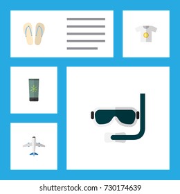 Flat Icon Season Set Of Clothes, Aircraft, Moisturizer And Other Vector Objects. Also Includes Clothes, Moisturizer, Plane Elements.