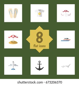 Flat Icon Season Set Of Deck Chair, Parasol, Boat And Other Vector Objects. Also Includes Plane, Flip, Shirt Elements.