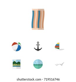 Flat Icon Season Set Of Deck Chair, Reminders, Surfing And Other Vector Objects. Also Includes Round, Sea, Sailboard Elements.
