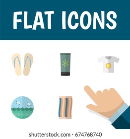 Flat Icon Season Set Of Ocean, Moisturizer, Beach Sandals Vector Objects. Also Includes Wiper, Ocean, Cream Elements.