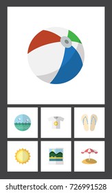 Flat Icon Season Set Of Ocean, Reminders, Parasol And Other Vector Objects. Also Includes Round, Foto, Shirt Elements.