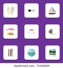 Flat Icon Season Set Of Parasol, Ocean, Spectacles And Other Vector Objects. Also Includes Sandals, Cloth, Sunglasses Elements.