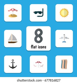 Flat Icon Season Set Of Recliner, Aircraft, Scuba Diving And Other Vector Objects. Also Includes Beach, Aqualung, Plane Elements.