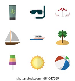 Flat Icon Season Set Of Sphere, Yacht, Recliner And Other Vector Objects. Also Includes Boat, Yacht, Round Elements.