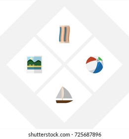 Flat Icon Season Set Of Sphere, Reminders, Yacht And Other Vector Objects. Also Includes Vessel, Towel, Pictures Elements.