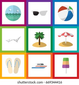 Flat Icon Season Set Of Sundae, Boat, Beach Sandals Vector Objects. Also Includes Ball, Ice, Spectacles Elements.