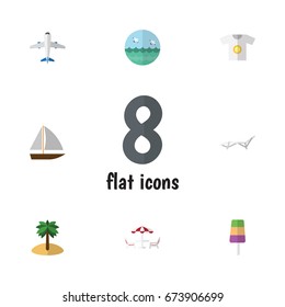 Flat Icon Season Set Of Sundae, Recliner, Coconut And Other Vector Objects. Also Includes Palm, Recliner, Yacht Elements.