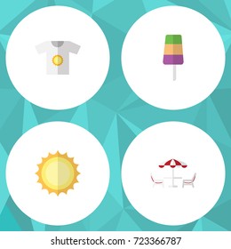 Flat Icon Season Set Of Sundae, Sunshine, Recliner And Other Vector Objects. Also Includes Table, Sunrise, Shirt Elements.