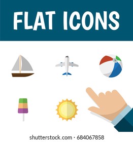 Flat Icon Season Set Of Sunshine, Yacht, Aircraft And Other Vector Objects. Also Includes Sunshine, Aircraft, Sun Elements.