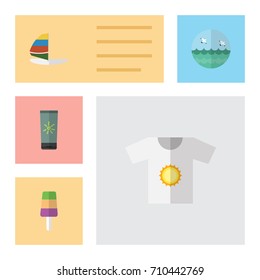 Flat Icon Season Set Of Surfing, Moisturizer, Clothes And Other Vector Objects. Also Includes Sailboard, Sea, Surfing Elements.
