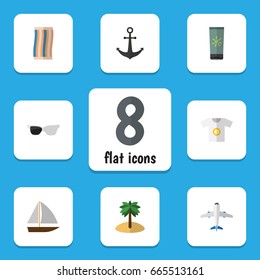 Flat Icon Season Set Of Wiper, Aircraft, Coconut And Other Vector Objects. Also Includes Eyeglasses, Anchor, Aircraft Elements.
