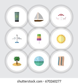 Flat Icon Season Set Of Wiper, Recliner, Sunshine And Other Vector Objects. Also Includes Yacht, Recliner, Craft Elements.
