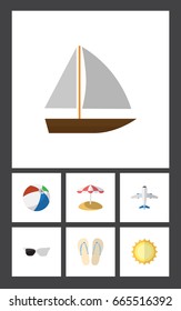 Flat Icon Season Set Of Yacht, Parasol, Aircraft And Other Vector Objects. Also Includes Beach, Sun, Eyeglasses Elements.