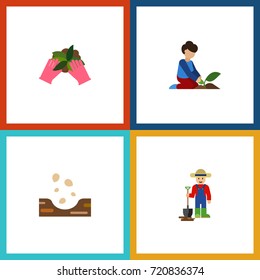 Flat Icon Seed Set Of Florist, Man, Plant And Other Vector Objects. Also Includes Florist, Shovel, Sow Elements.