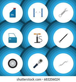 Flat Icon Service Set Of Automobile Part, Coupler, Pipeline And Other Vector Objects. Also Includes Pipeline, Pumping, Tire Elements.