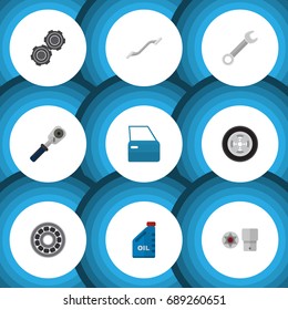 Flat Icon Service Set Of Automobile Part, Spanner, Turnscrew And Other Vector Objects. Also Includes Joint, Spherical, Disk Elements.