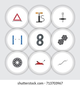 Flat Icon Service Set Of Coupler, Muffler, Brake Disk And Other Vector Objects. Also Includes Stop, Puller, Block Elements.