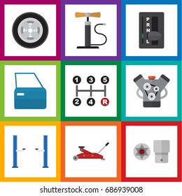 Flat Icon Service Set Of Lifting, Motor, Automobile Part And Other Vector Objects. Also Includes Transmission, Carrying, Pump Elements.